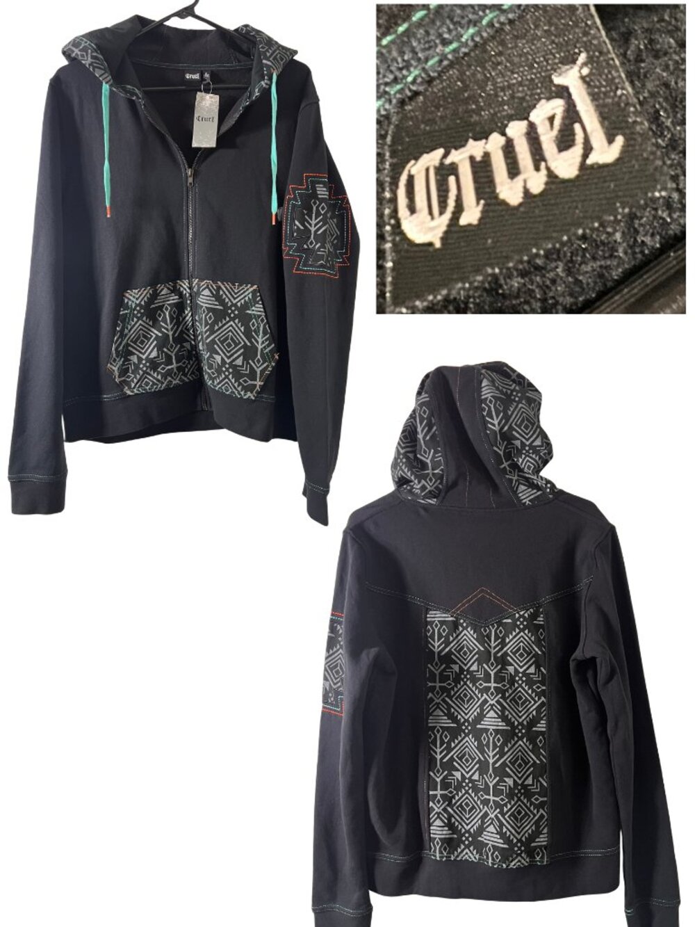 Cruel Denim Medium NWT Black Aztec Southwestern Embroidered Zip Up Hoodie BOHO